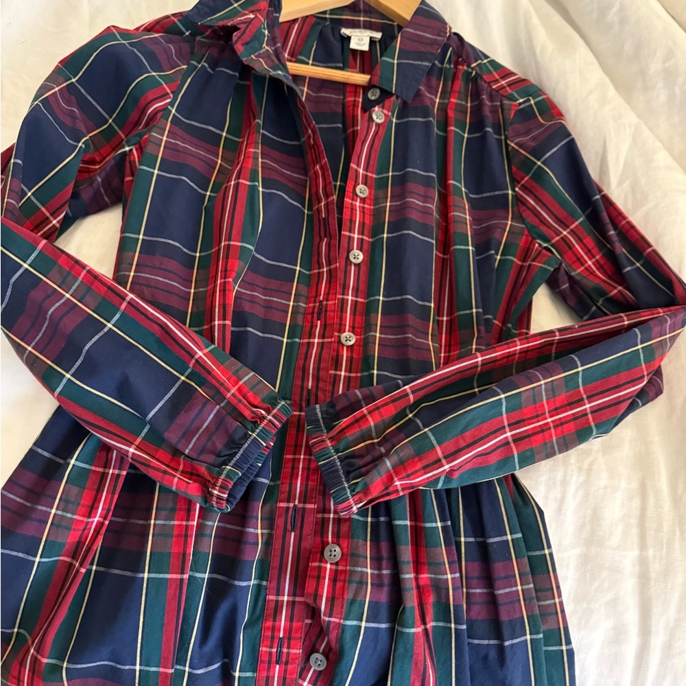 J Crew Cotton tartan navy and red plaid button down shirt dress sz 0